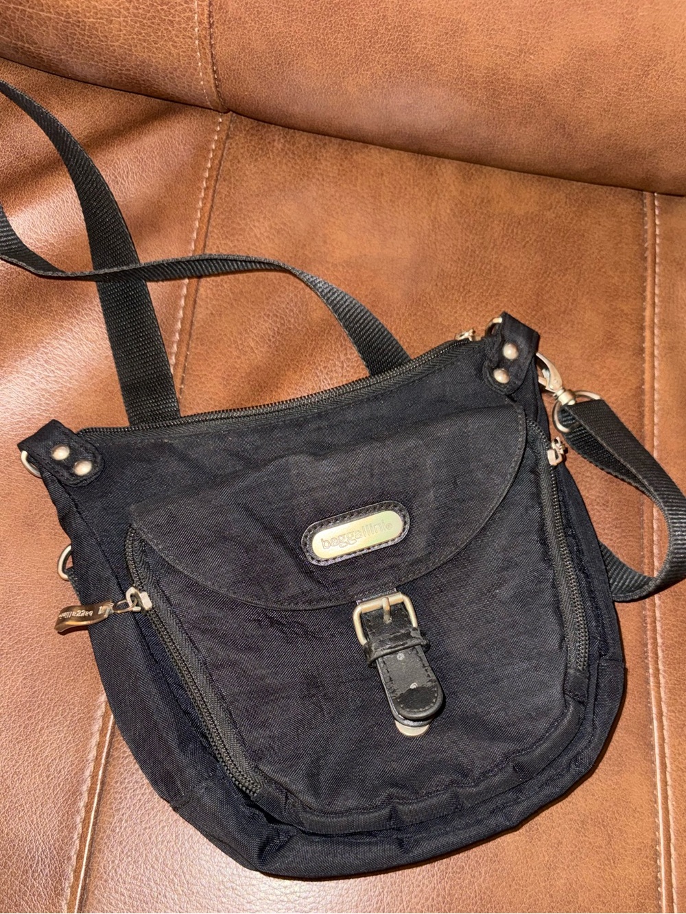 Baggallini Black Compact Crossbody with Front Flap and Buckle